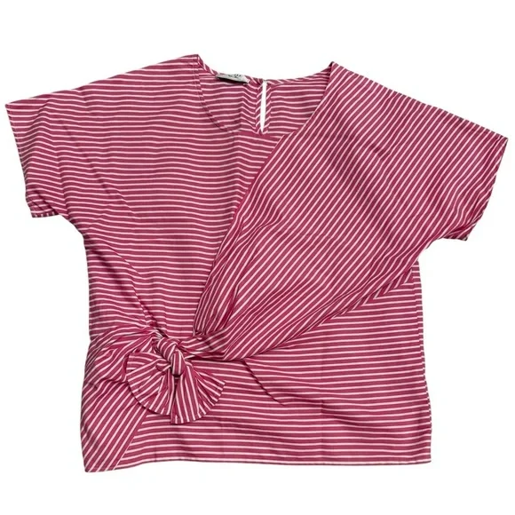 Weill Paris Pink & White Stripe Cotton Tie Front Top Size 4 Made in Poland - Picture 2 of 6